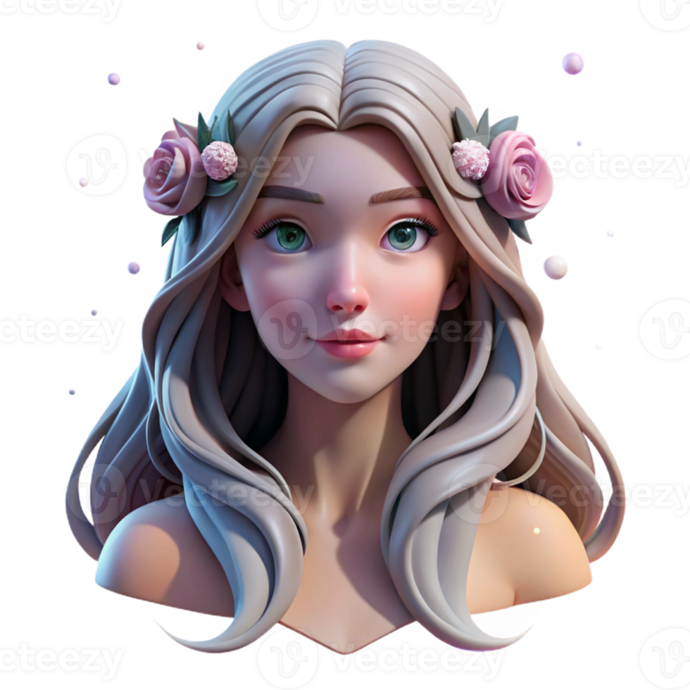 beautiful classic Portrait of a woman with long, flowing hair and a delicate floral crown, lit by a soft, romantic light, in a dreamy, ethereal style exclusive png