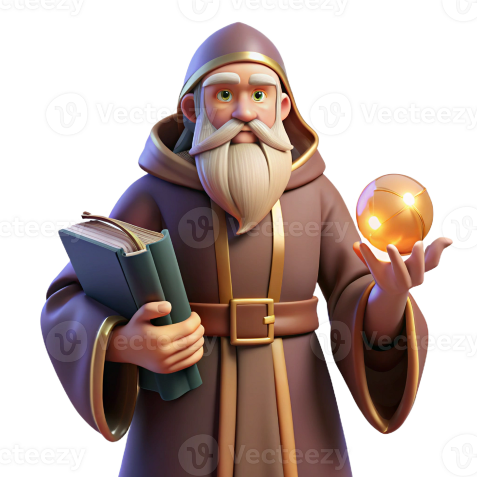 impressive modern A wise old wizard with a long, flowing beard, holding a glowing orb, surrounded by ancient tomes. Mystical, realistic style high resolution png
