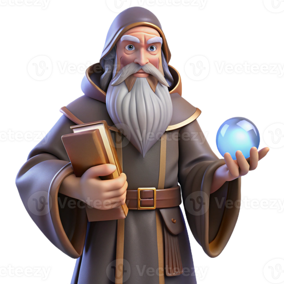 wonderful artistic A wise old wizard with a long, flowing beard, holding a glowing orb, surrounded by ancient tomes. Mystical, realistic style premium png