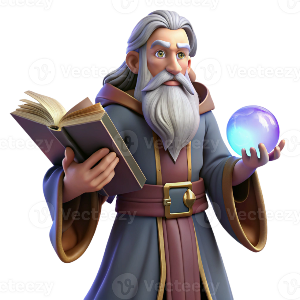 wonderful rustic A wise old wizard with a long, flowing beard, holding a glowing orb, surrounded by ancient tomes. Mystical, realistic style exclusive png