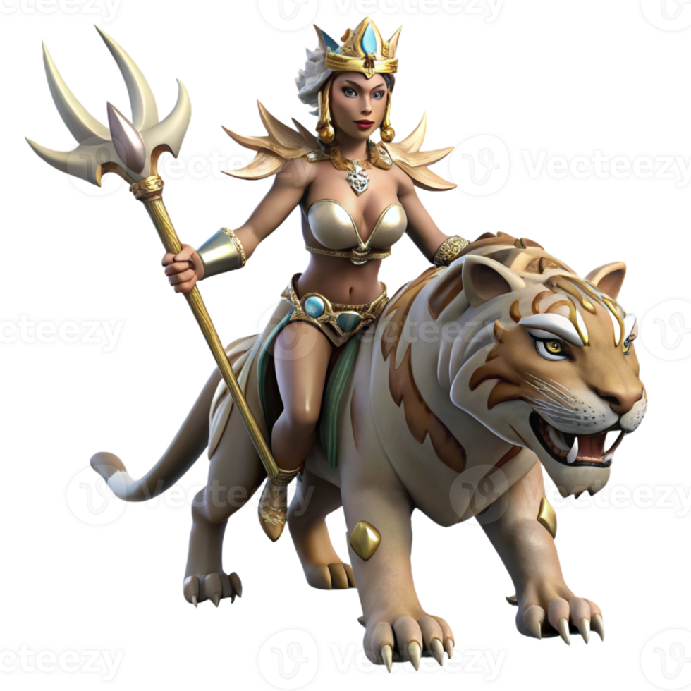 extraordinary classic A fierce warrior queen with elaborate tribal headdress and a jeweled spear, riding a giant saber-tooth tiger. Dynamic, comic book style premium png