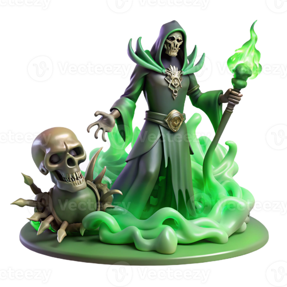 wonderful modern A sinister necromancer summoning a skeletal warrior from the ground, surrounded by swirling green mist. Macabre, dark fantasy style genuine png