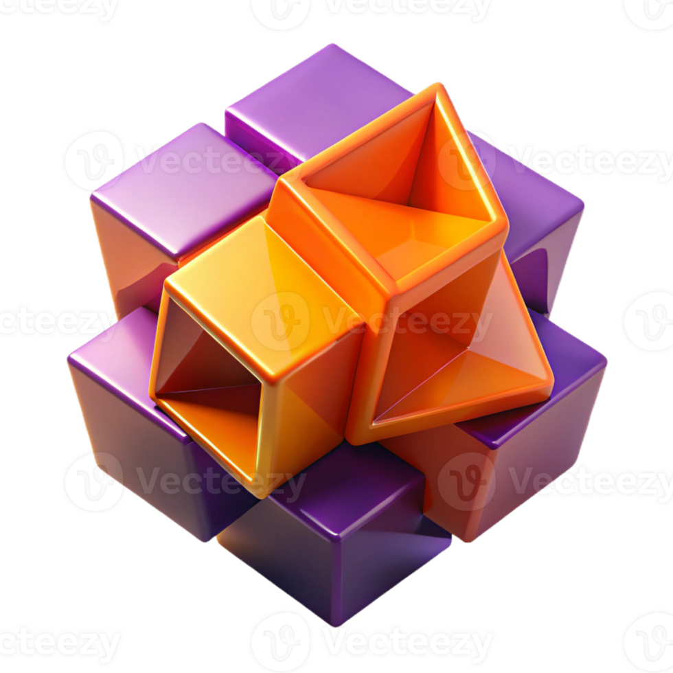 stunning artistic Fractured geometric shapes in shades of deep violet and vibrant orange, lit by a stark, contrasting light, in a Cubist style genuine png