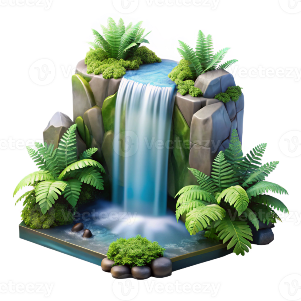 extraordinary minimalist A cascading waterfall surrounded by lush green ferns, dappled sunlight, romanticism style original png