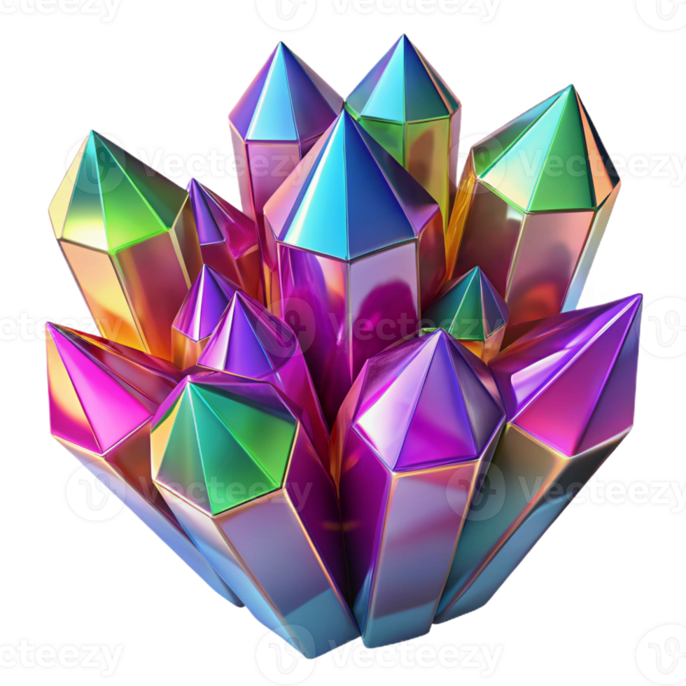 serene abstract A cluster of crystalline structures in vibrant jewel tones, illuminated by a sharp, refracted light, in a geometric style original png