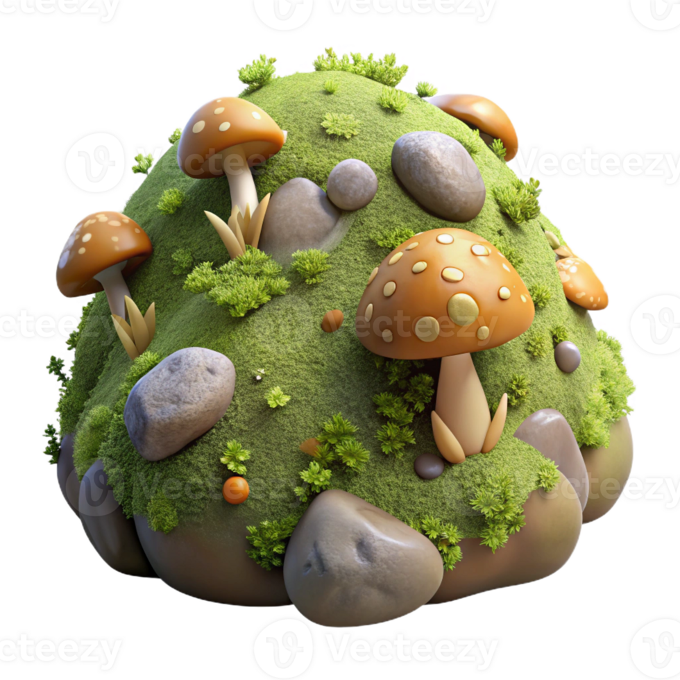 wonderful rustic A mossy rock covered in tiny ferns and mushrooms, soft diffused light, fantasy art style exclusive png