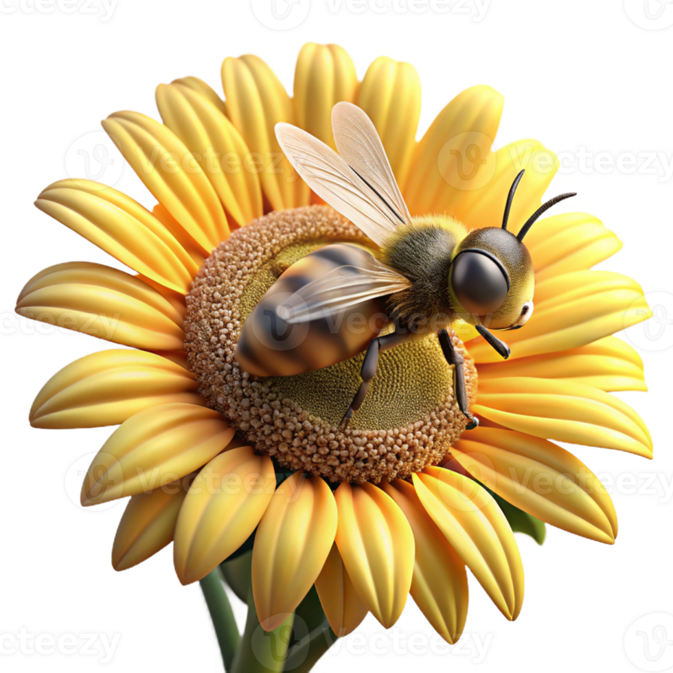elegant abstract A close-up of a bee collecting pollen from a sunflower, golden hour light, macro photography style premium png