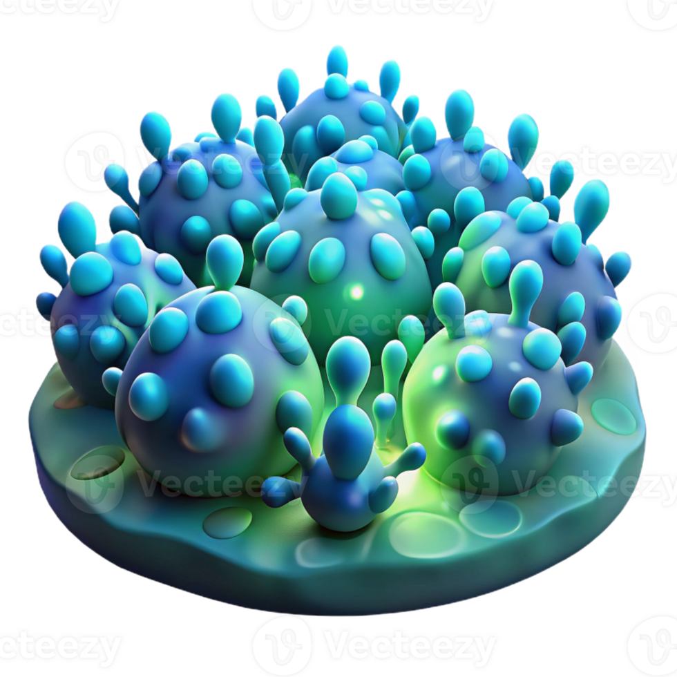 dramatic abstract A field of textured, organic shapes resembling microscopic organisms, illuminated by a vibrant, bioluminescent light, in a scientific style high quality png