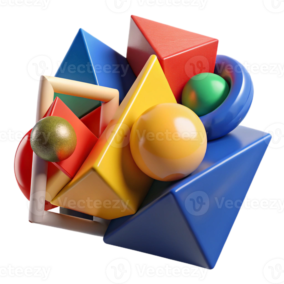 vibrant rustic A dynamic composition of fragmented, geometric shapes in bold, primary colors, illuminated by a bright, pop art light, in a de stijl style premium png