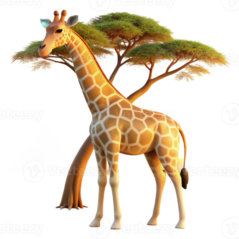 magnificent artistic A graceful giraffe reaching for acacia leaves, bathed in the warm glow of a setting sun, African savanna wildlife photography style exclusive png