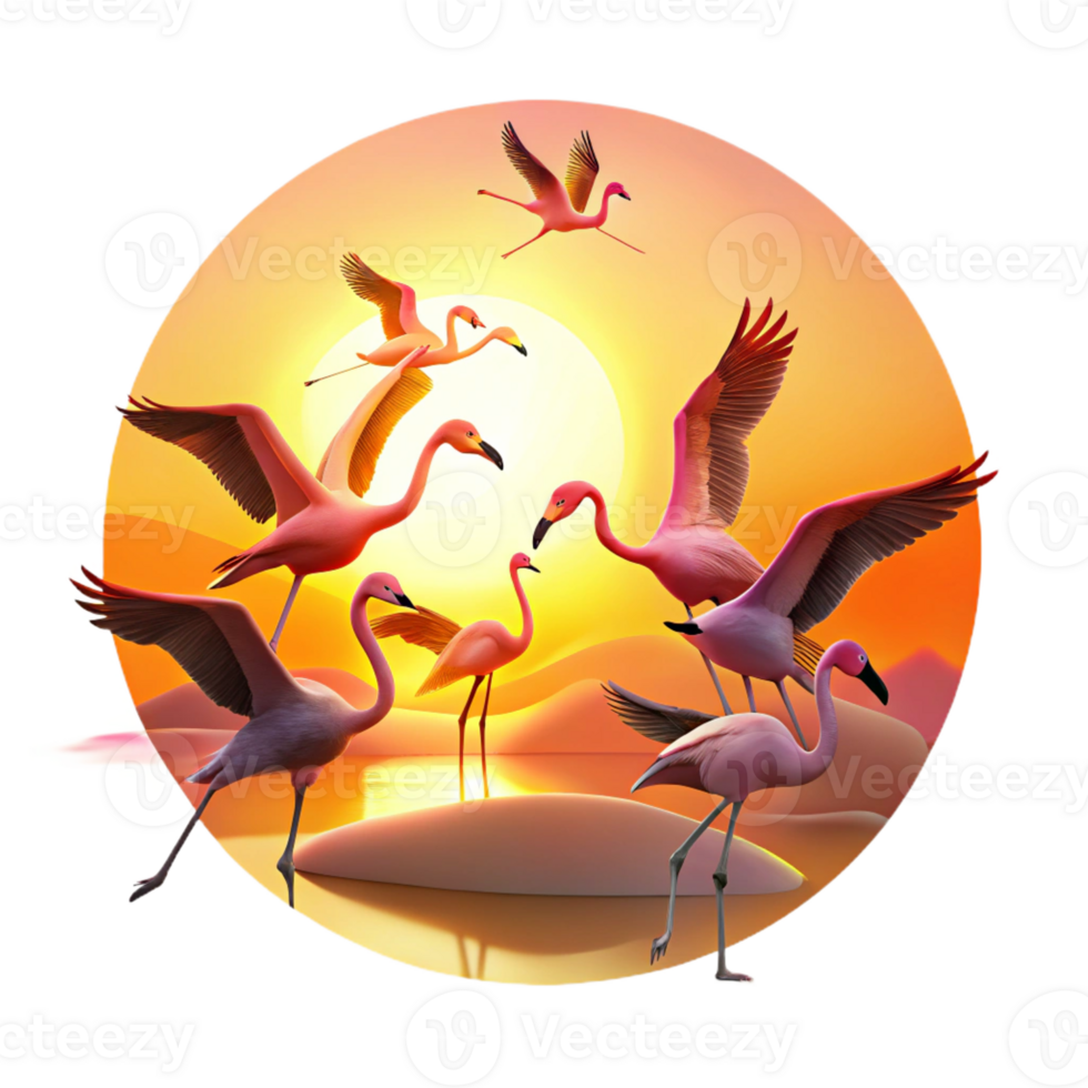 dramatic vintage A flock of flamingos taking flight against a vibrant sunset, silhouette photography, warm, golden light 4K png