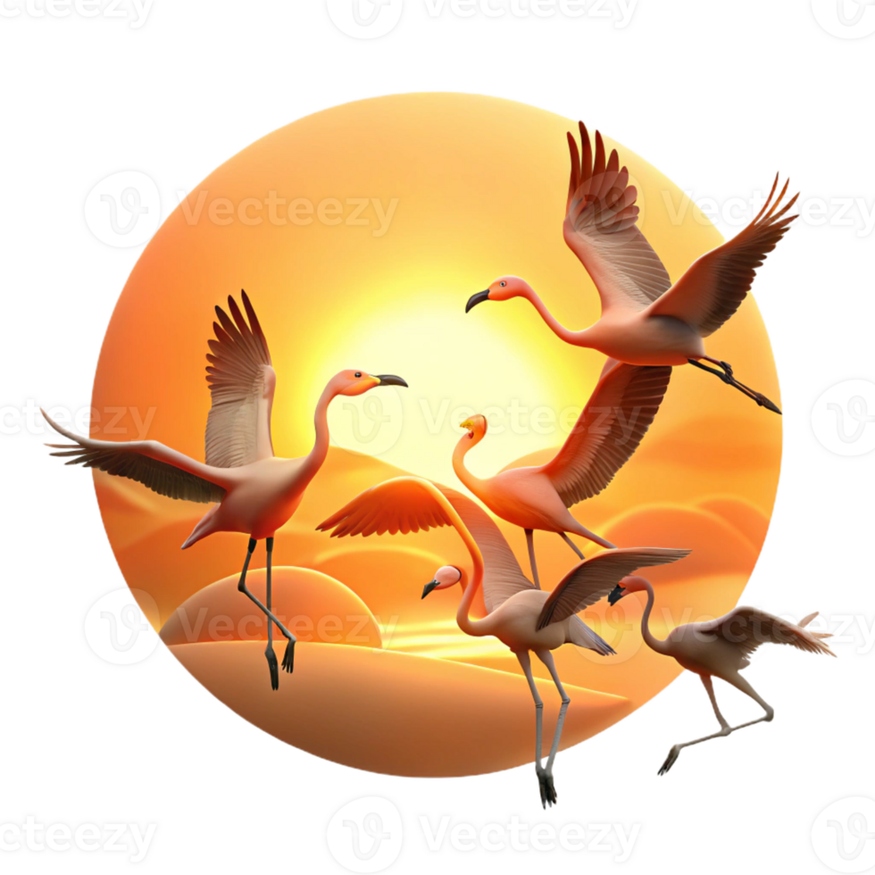 vibrant traditional A flock of flamingos taking flight against a vibrant sunset, silhouette photography, warm, golden light exclusive png