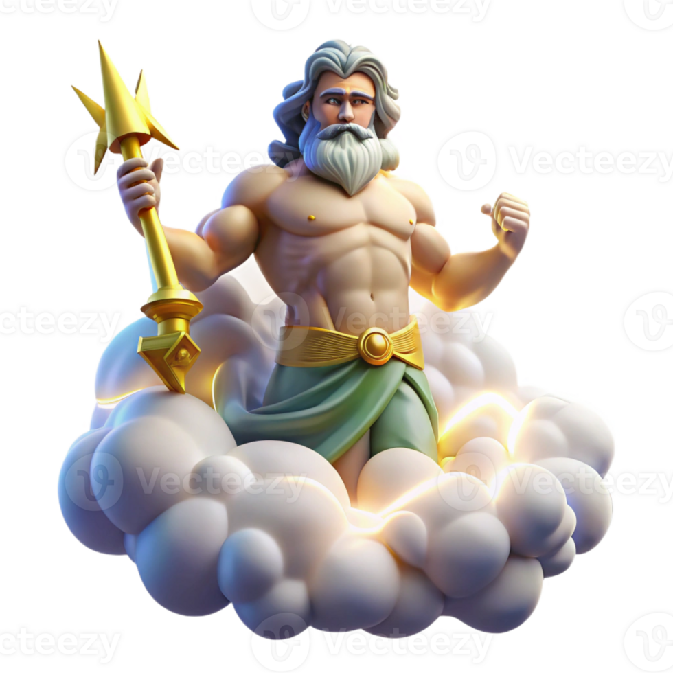 serene vintage A powerful Zeus, wielding a lightning bolt, standing atop Mount Olympus, surrounded by swirling clouds. Classical Greek style high resolution png
