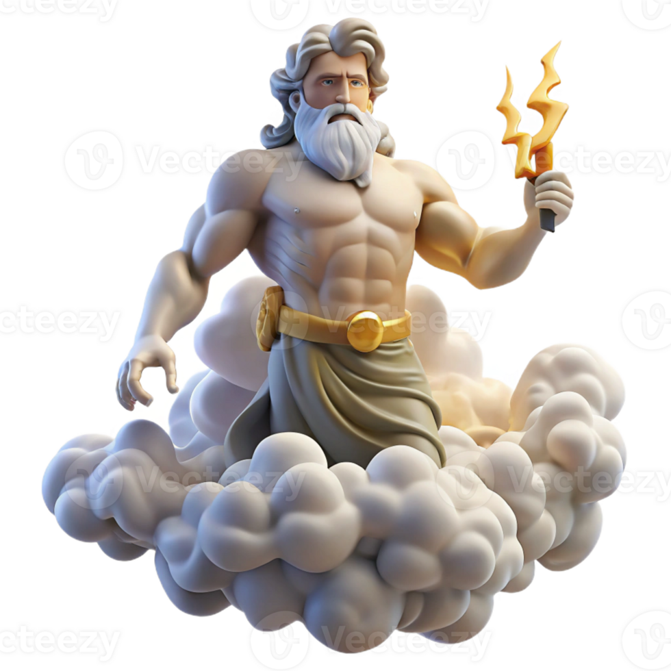 impressive classic A powerful Zeus, wielding a lightning bolt, standing atop Mount Olympus, surrounded by swirling clouds. Classical Greek style original png
