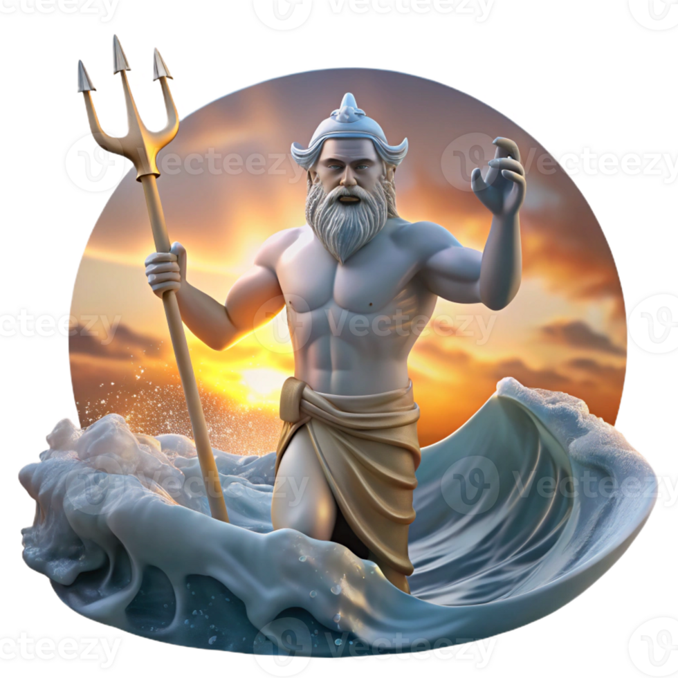 extraordinary abstract A benevolent Poseidon, his trident raised high, commanding the waves, in a turbulent ocean, lit by a dramatic sunset. Romantic style professional png