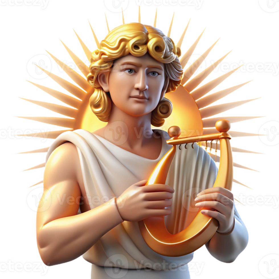 dramatic modern A radiant Apollo, the god of music and light, playing a lyre, surrounded by a halo of sunlight. Neoclassical style high resolution png