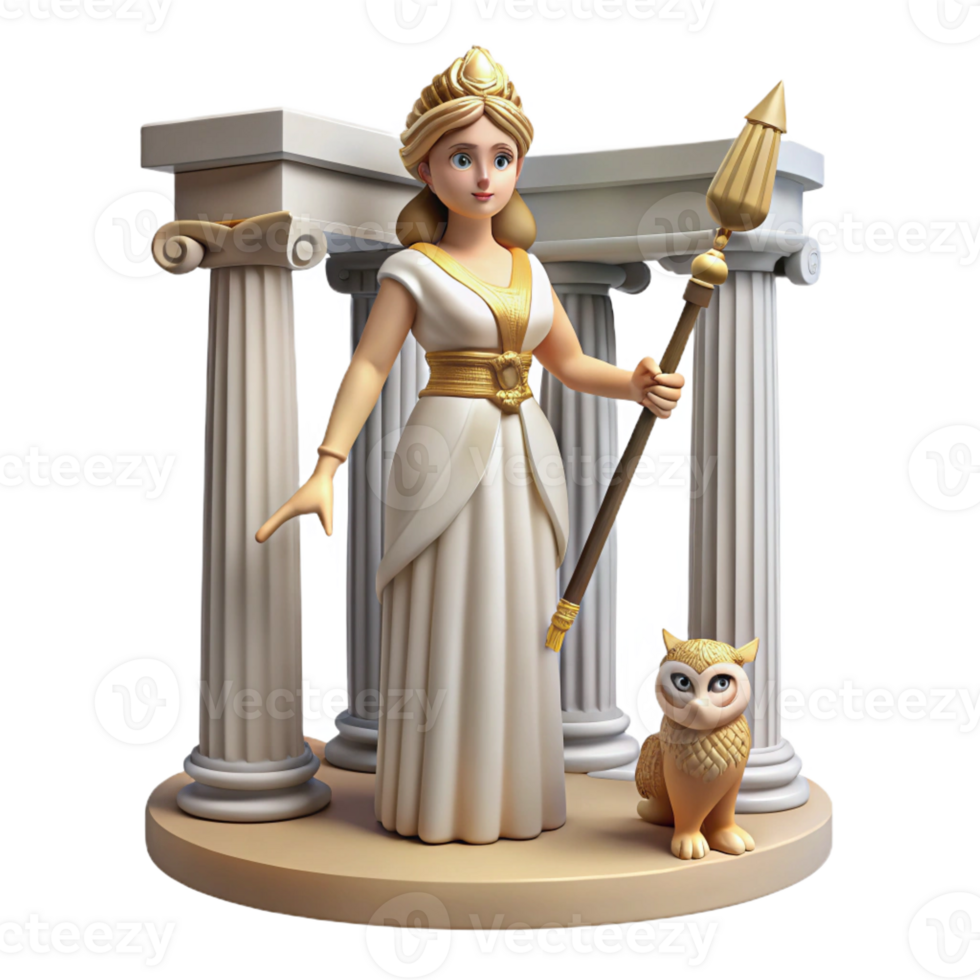 wonderful abstract A wise Athena, the goddess of wisdom and warfare, holding an owl and a spear, in a temple dedicated to her. Doric style original png
