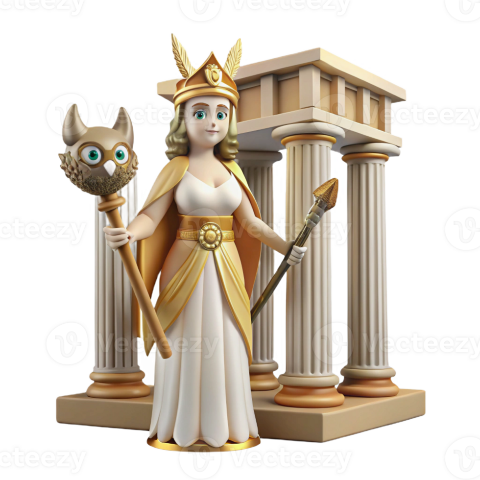 magnificent minimalist A wise Athena, the goddess of wisdom and warfare, holding an owl and a spear, in a temple dedicated to her. Doric style professional png