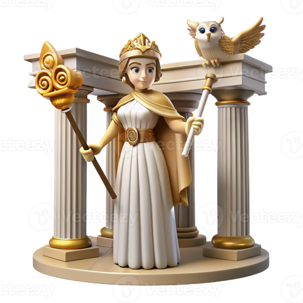 serene rustic A wise Athena, the goddess of wisdom and warfare, holding an owl and a spear, in a temple dedicated to her. Doric style high quality png