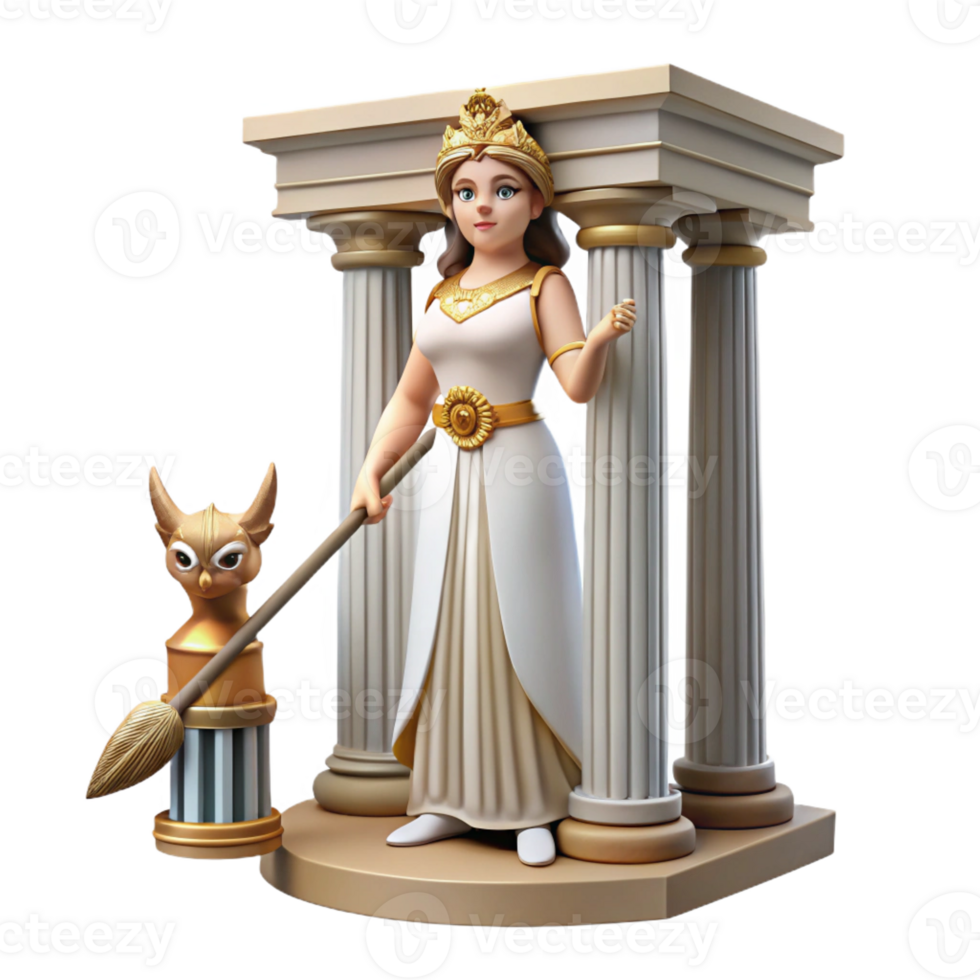 magnificent classic A wise Athena, the goddess of wisdom and warfare, holding an owl and a spear, in a temple dedicated to her. Doric style detailed png