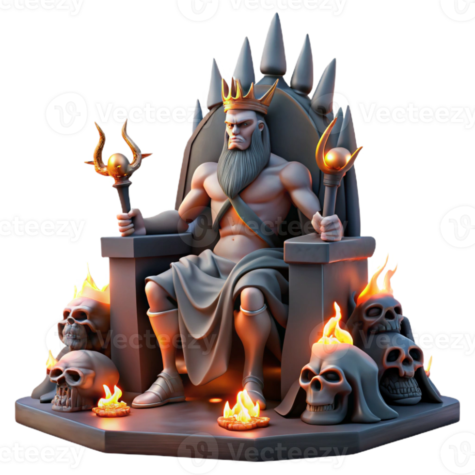 beautiful minimalist A formidable Hades, the god of the underworld, seated on a throne of bones, in a cavern lit by glowing embers. Dark fantasy style professional png