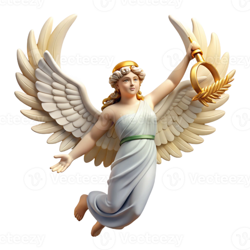 vibrant classic A winged Nike, the goddess of victory, holding a laurel wreath, soaring through the air. Classical Greek style exclusive png