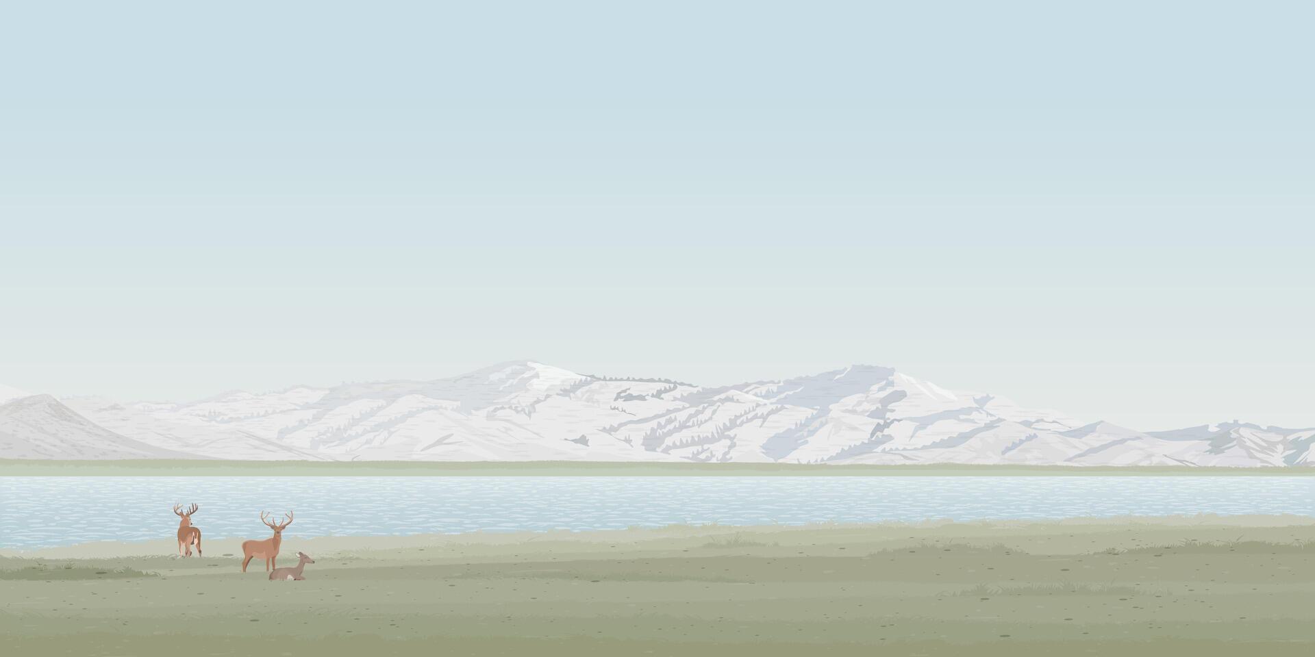 Minimalism countryside landscape spring season with deer pack, field, lake and mountain ranges graphic illustration have blank space at blue sky. vector