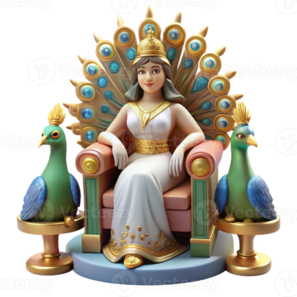 extraordinary creative A regal Hera, the queen of the gods, seated on a throne, surrounded by peacocks. Byzantine style exclusive png