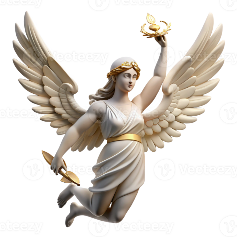 beautiful classic A winged Nike, the goddess of victory, holding a laurel wreath, soaring through the air. Classical Greek style authentic png