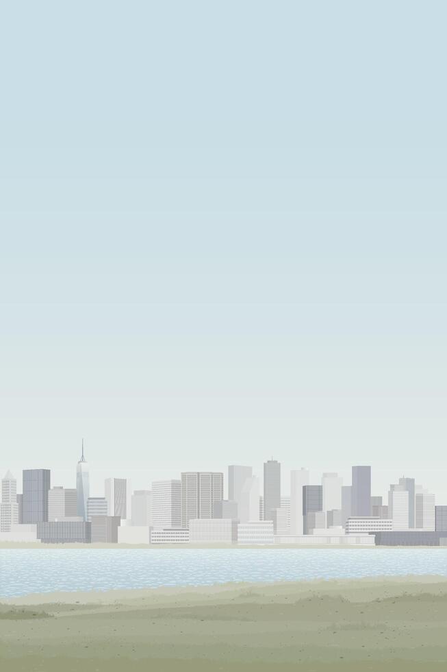Minimalist cityscape view from lakeside have skyscrapers far away and blue sky vertical background graphic illustration. vector