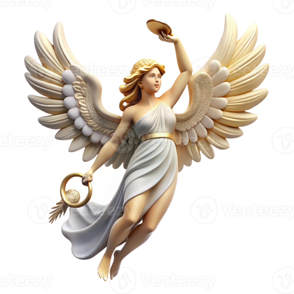serene modern A winged Nike, the goddess of victory, holding a laurel wreath, soaring through the air. Classical Greek style genuine png