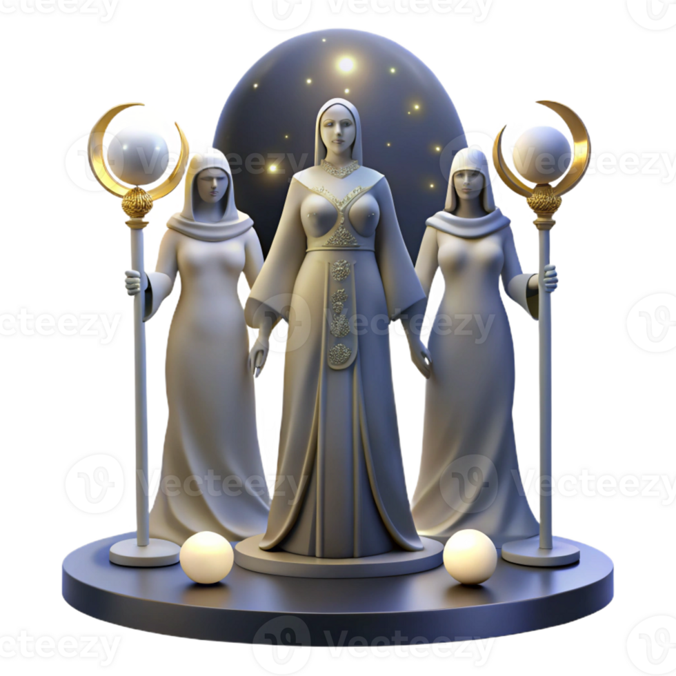 impressive modern A three-faced Hecate, representing maiden, mother, and crone, standing at a crossroads, bathed in moonlight. Art Deco style 4K png