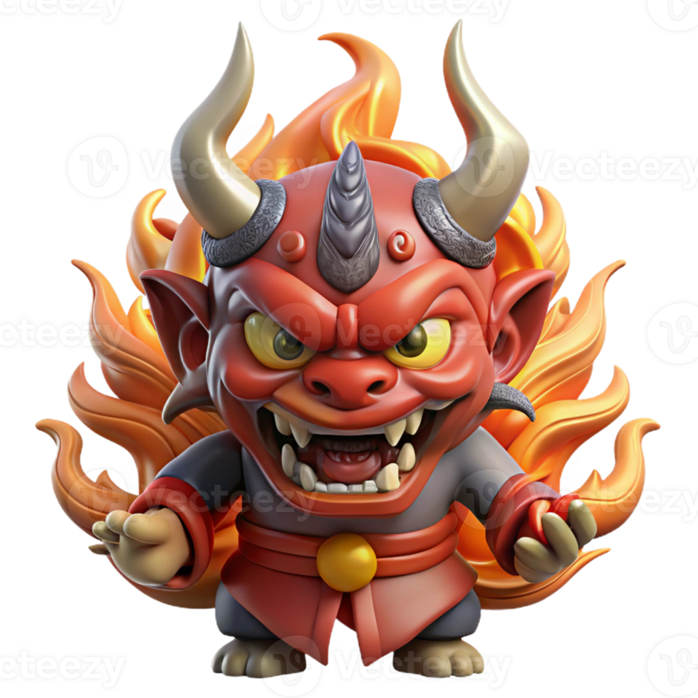 magnificent vintage A fearsome Japanese Oni, with horns and fangs, wielding a kanabo club, surrounded by swirling flames. Ukiyo-e style professional png