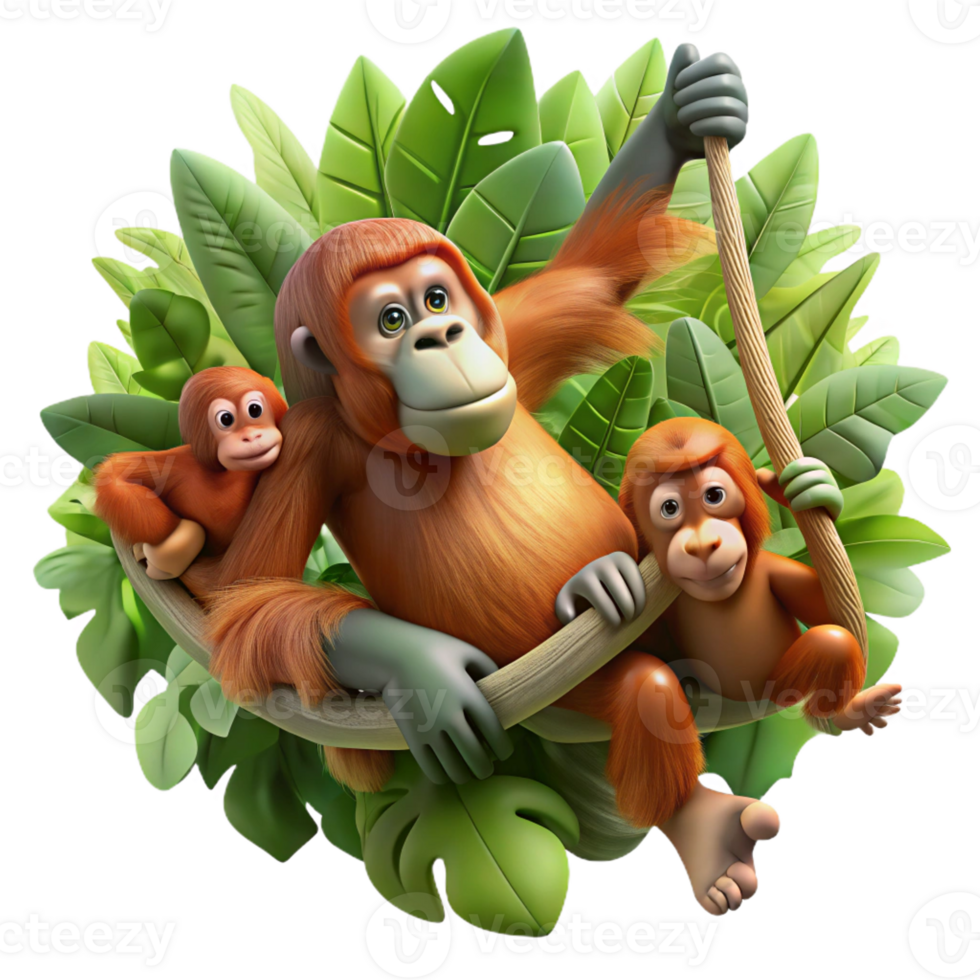 beautiful artistic A family of orangutans swinging through the rainforest canopy, dynamic wildlife photography, dappled sunlight high resolution png