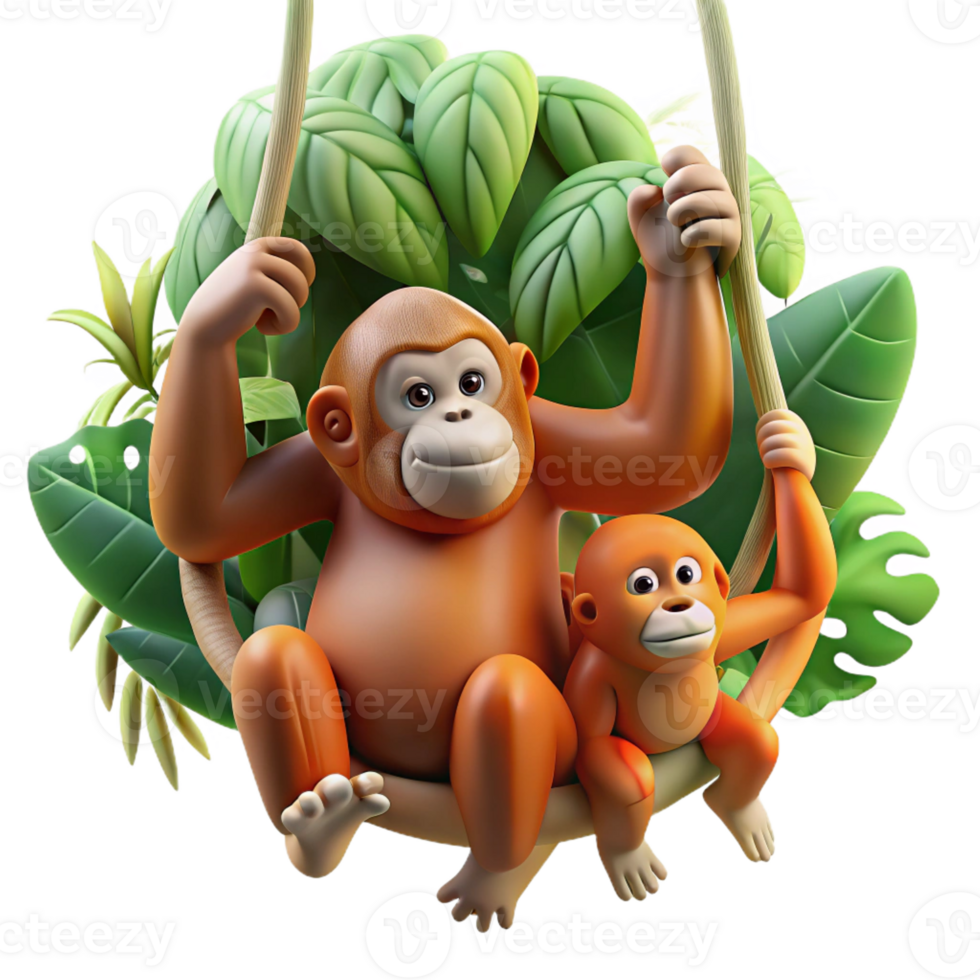 stunning classic A family of orangutans swinging through the rainforest canopy, dynamic wildlife photography, dappled sunlight premium png