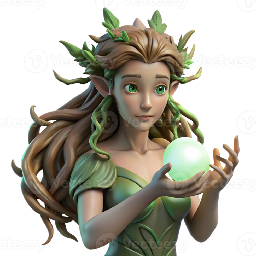 serene creative An elegant dryad with bark-like skin and flowing vines for hair, cradling a glowing orb of sunlight, in a Pre-Raphaelite style with soft, diffused lighting exclusive png