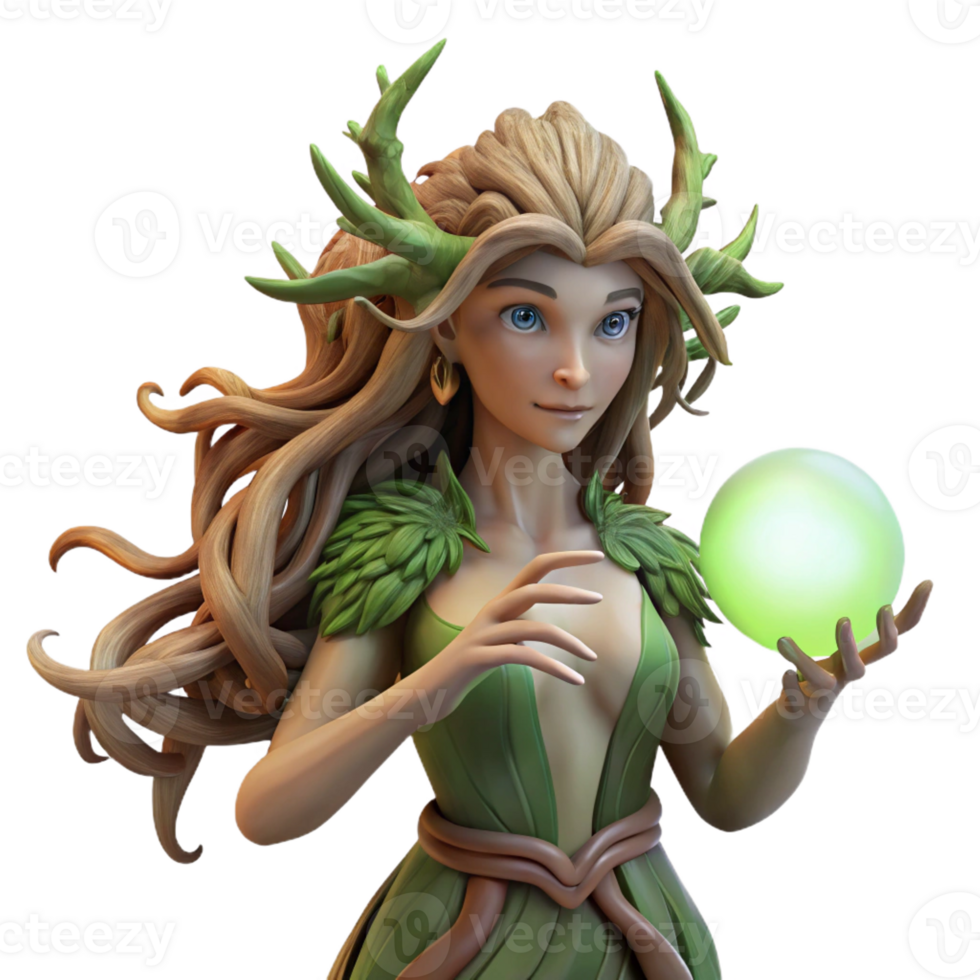 elegant vintage An elegant dryad with bark-like skin and flowing vines for hair, cradling a glowing orb of sunlight, in a Pre-Raphaelite style with soft, diffused lighting detailed png