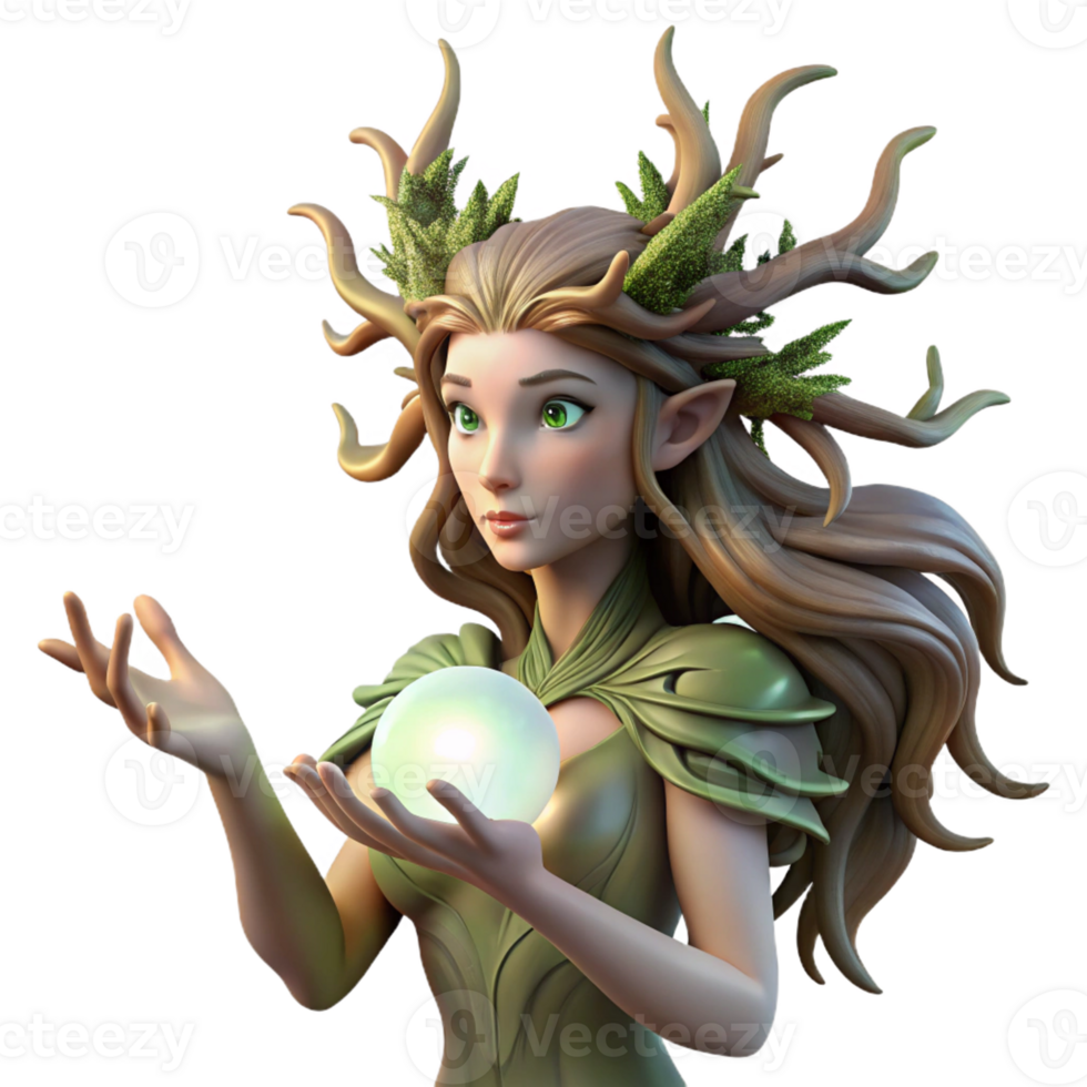 beautiful classic An elegant dryad with bark-like skin and flowing vines for hair, cradling a glowing orb of sunlight, in a Pre-Raphaelite style with soft, diffused lighting detailed png