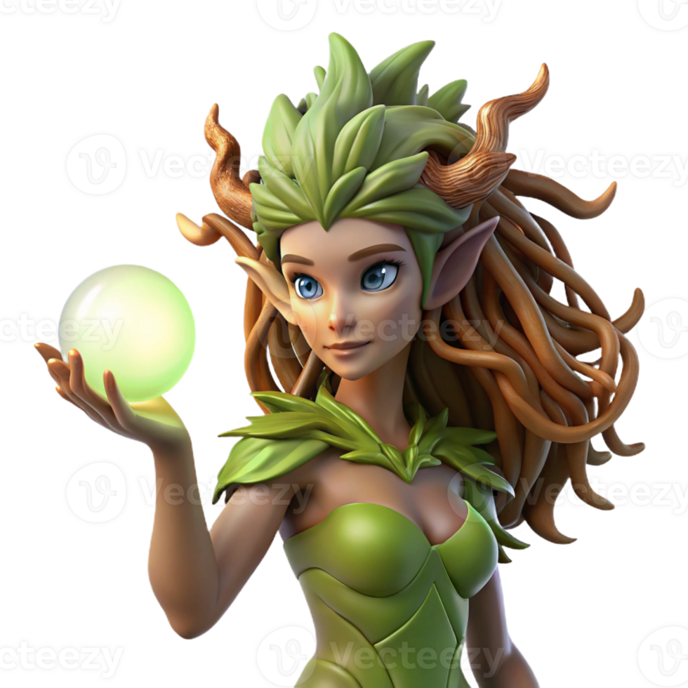 serene contemporary An elegant dryad with bark-like skin and flowing vines for hair, cradling a glowing orb of sunlight, in a Pre-Raphaelite style with soft, diffused lighting high resolution png