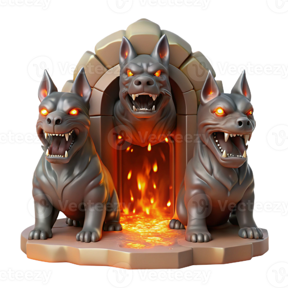 beautiful minimalist A fierce, three-headed Cerberus guarding the gates of the underworld, bathed in the fiery glow of the River Styx, depicted in a gritty, realistic style 4K png