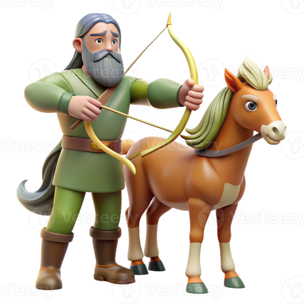 beautiful minimalist A wise centaur with a long, flowing beard, teaching archery to a young human, in a lush forest clearing, illuminated by dappled sunlight, in a classical style authentic png