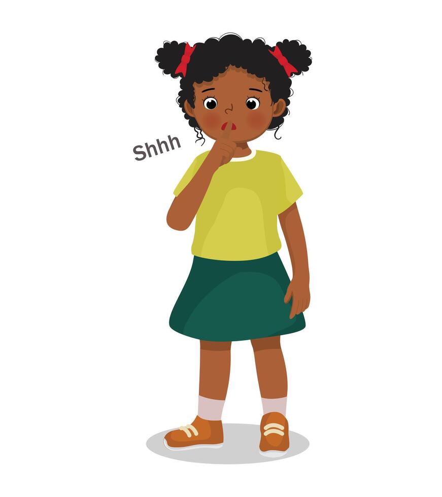 little African girl making silence gesture putting her finger on lip asking to be quiet vector
