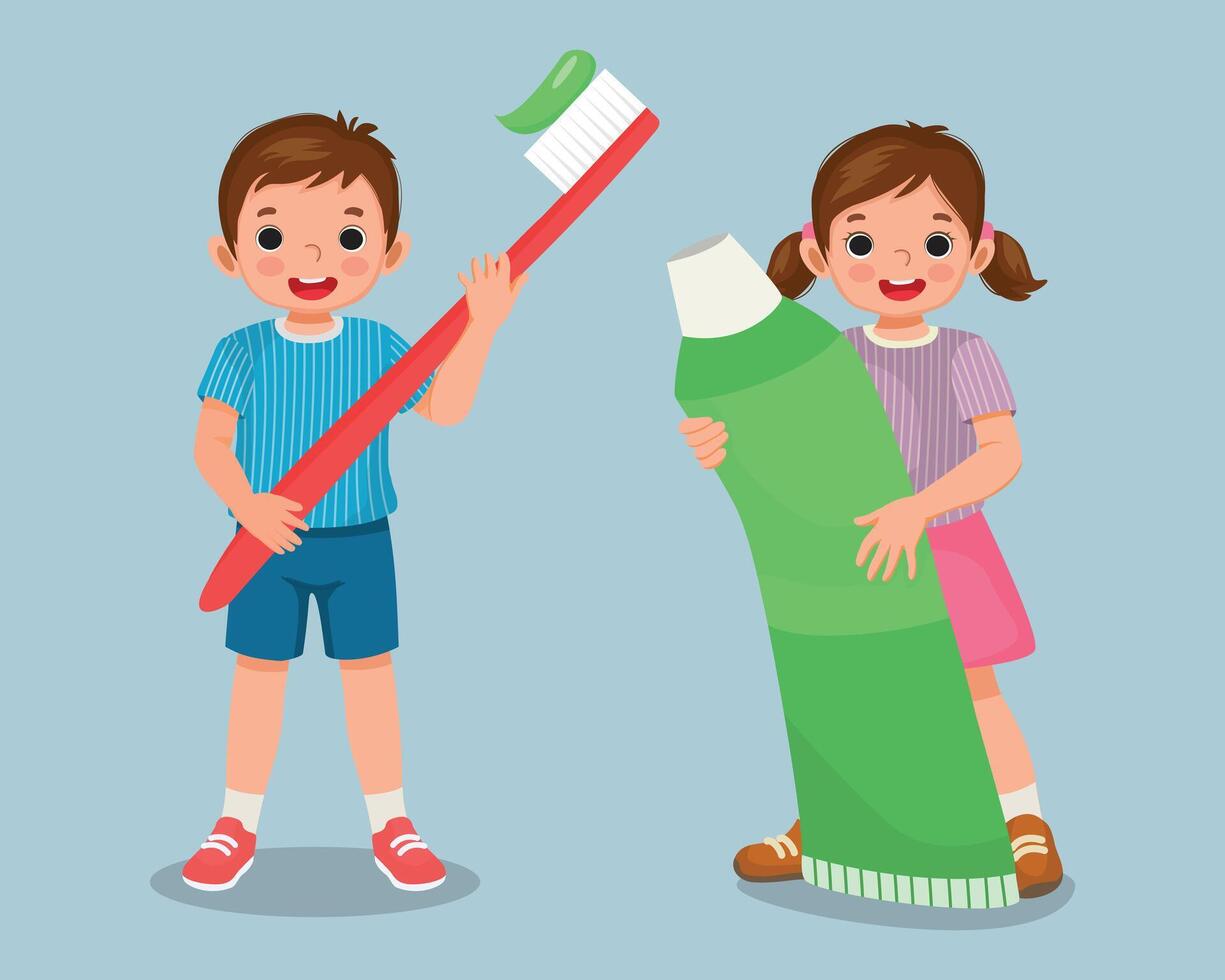 Little kids boy and girl holding big toothbrush and toothpaste vector