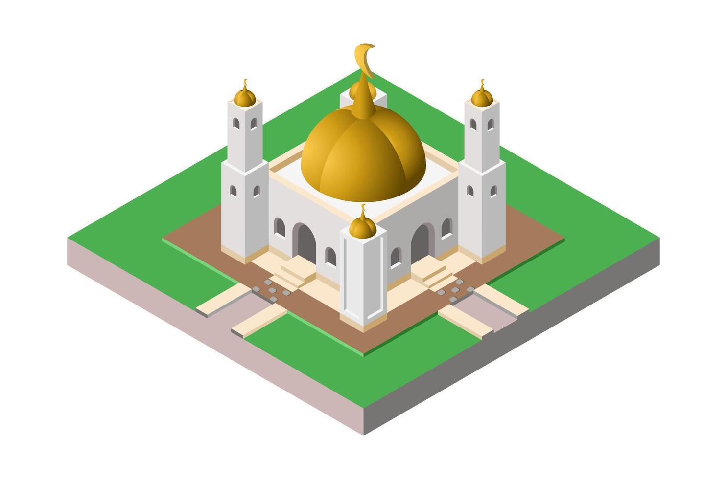 Isometric Mosque Illustration with Golden Dome and White Tower vector