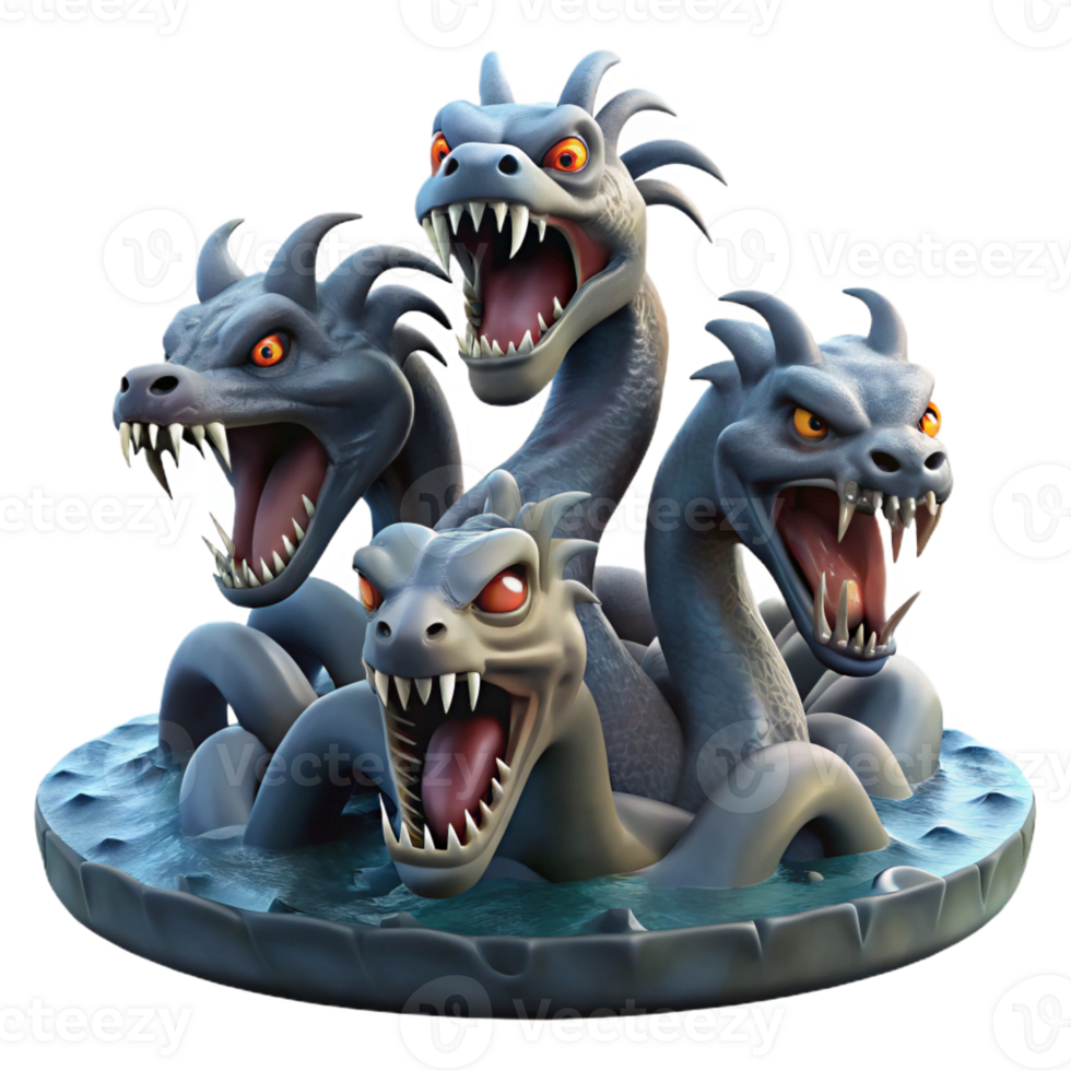 dramatic minimalist A terrifying hydra with multiple snarling heads, rising from a swampy mire, under a stormy sky, in a dark, visceral style exclusive png