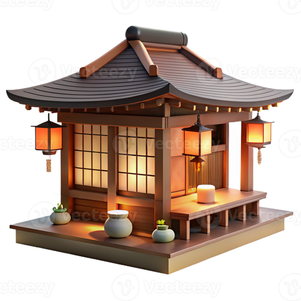 extraordinary minimalist Japanese tea house, traditional wooden construction, tatami mats, paper lanterns, soft diffused light, serene painting premium png