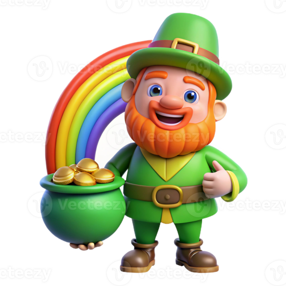 extraordinary traditional A mischievous leprechaun guarding a pot of gold at the end of a rainbow, in a vibrant, cartoonish style authentic png