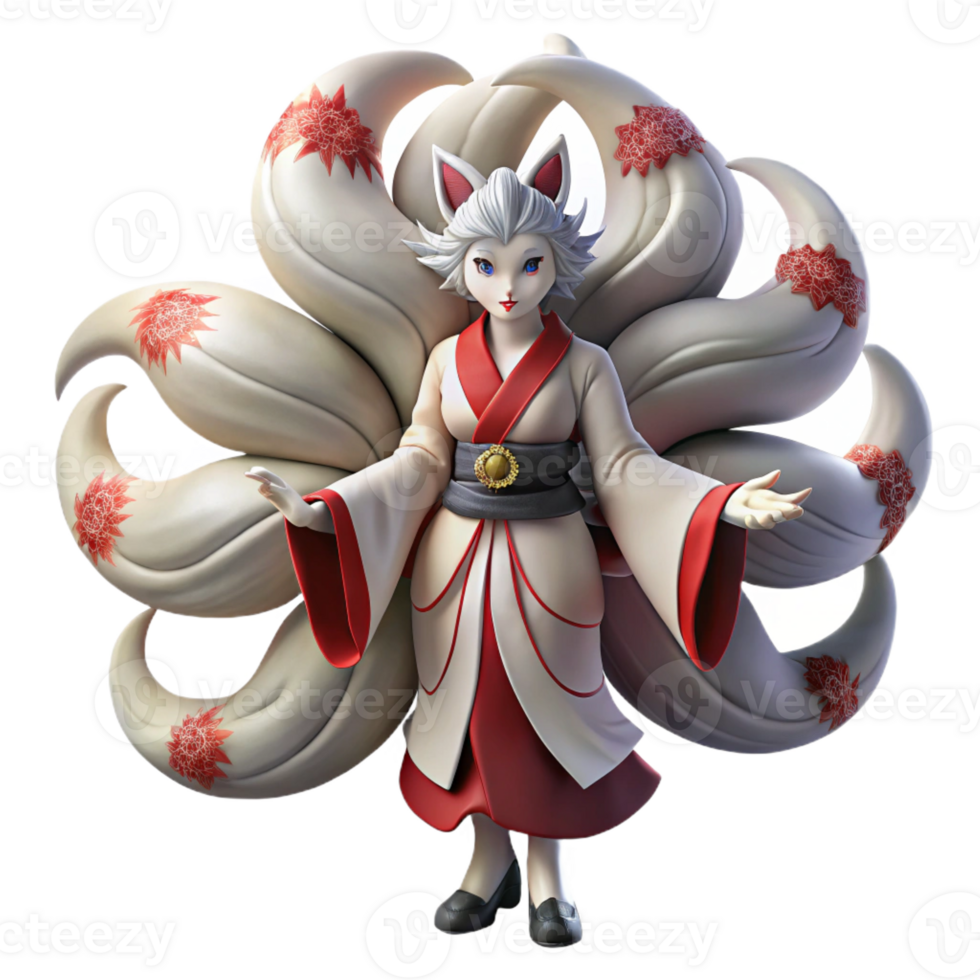 wonderful creative A cunning kitsune with nine flowing tails, transforming into a beautiful woman under the full moon, in a Japanese woodblock print style genuine png