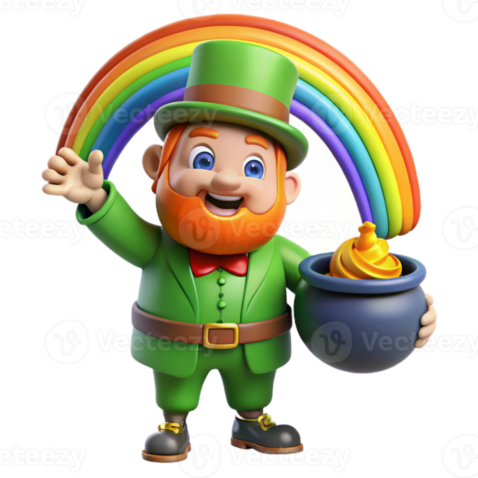 wonderful abstract A mischievous leprechaun guarding a pot of gold at the end of a rainbow, in a vibrant, cartoonish style high quality png