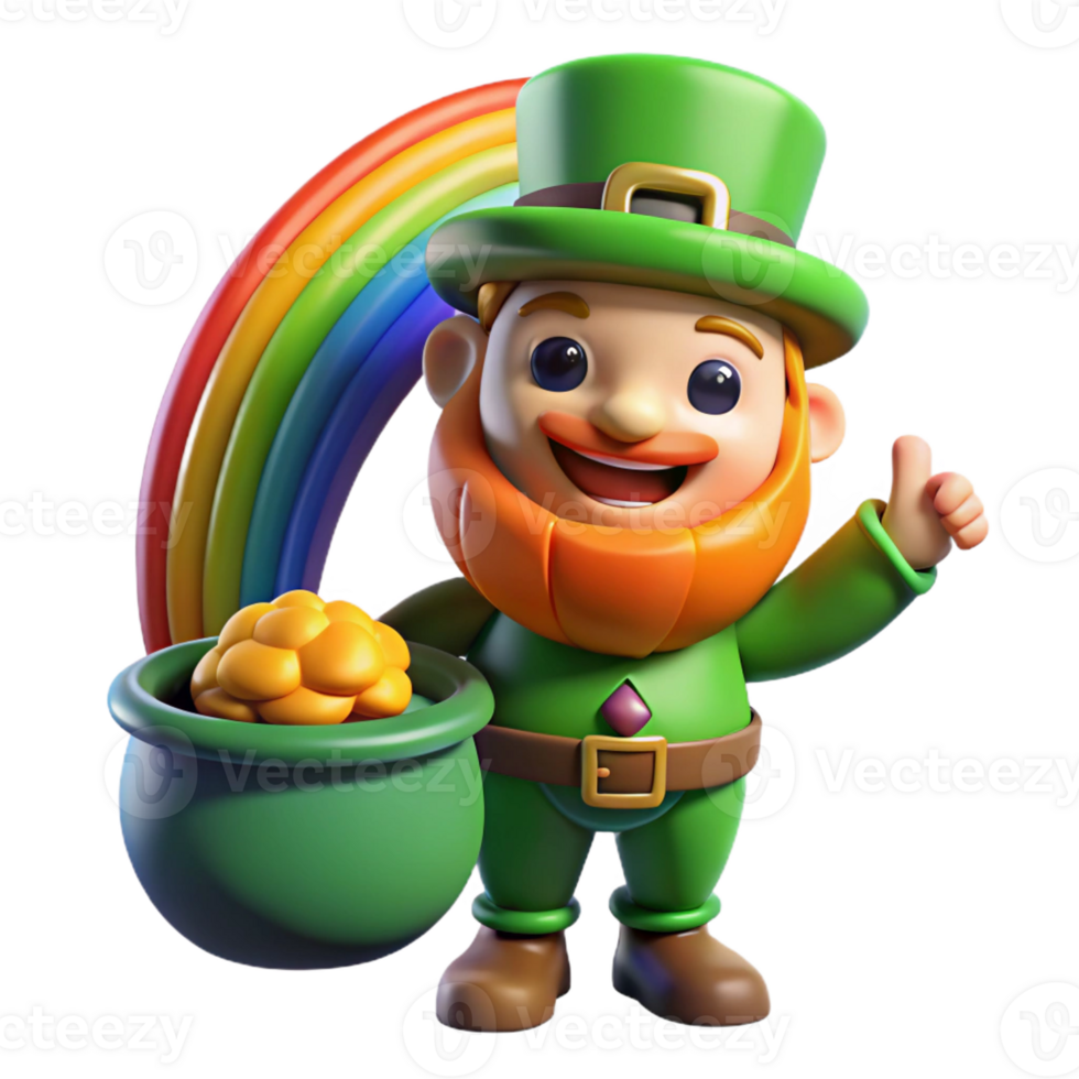 magnificent artistic A mischievous leprechaun guarding a pot of gold at the end of a rainbow, in a vibrant, cartoonish style original png